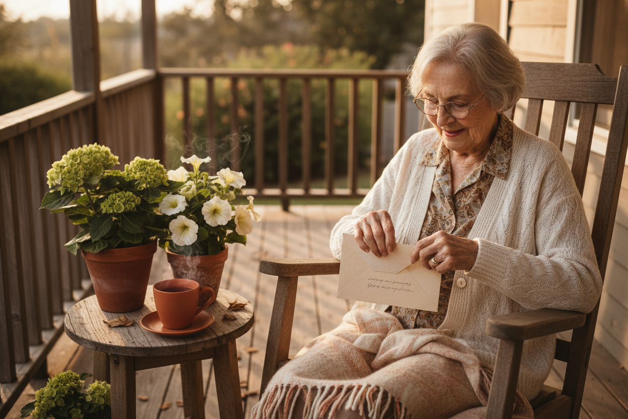 Grandmother Opening Letter on Porch